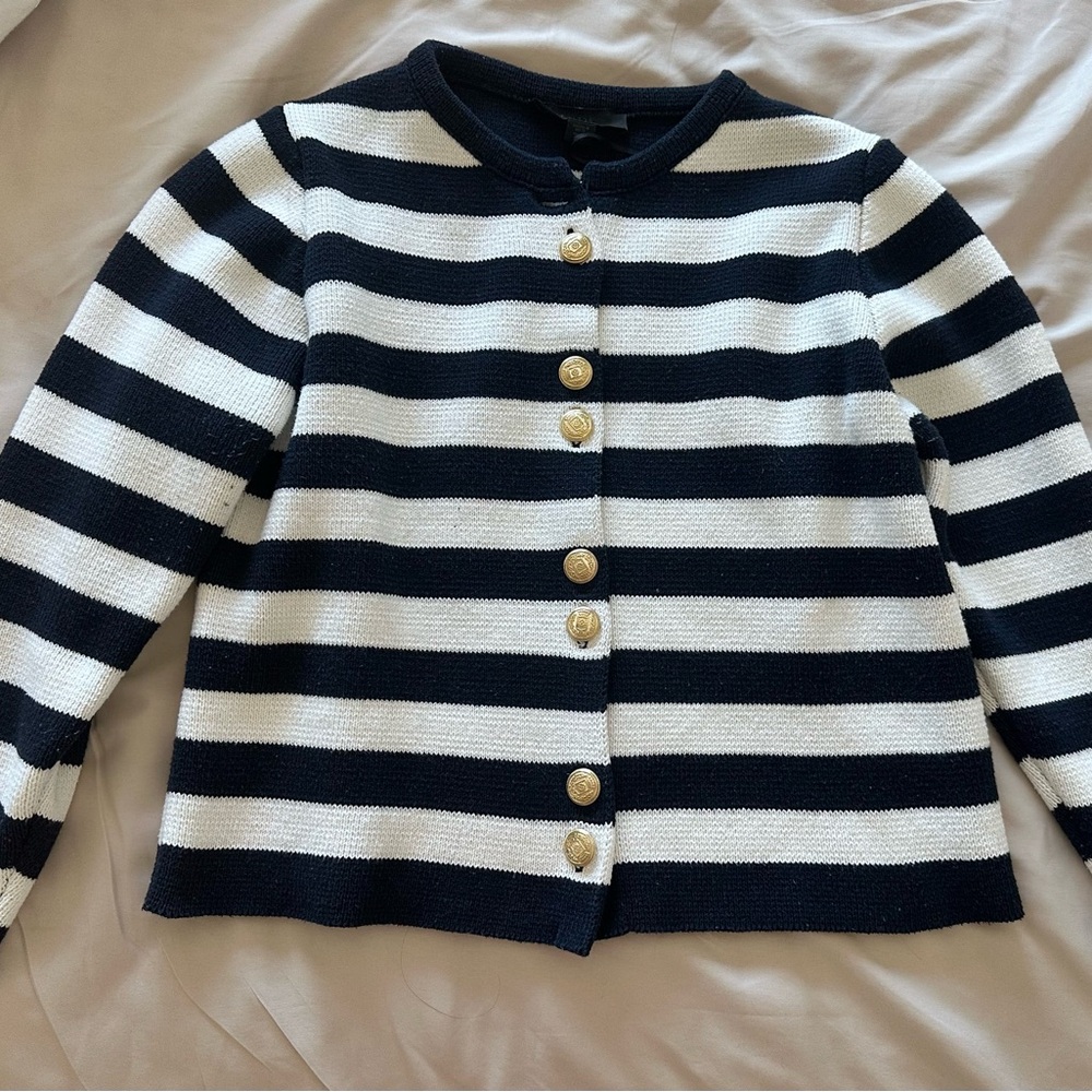 Zara Navy & White Striped Kids Knit Cardigan with Gold Buttons